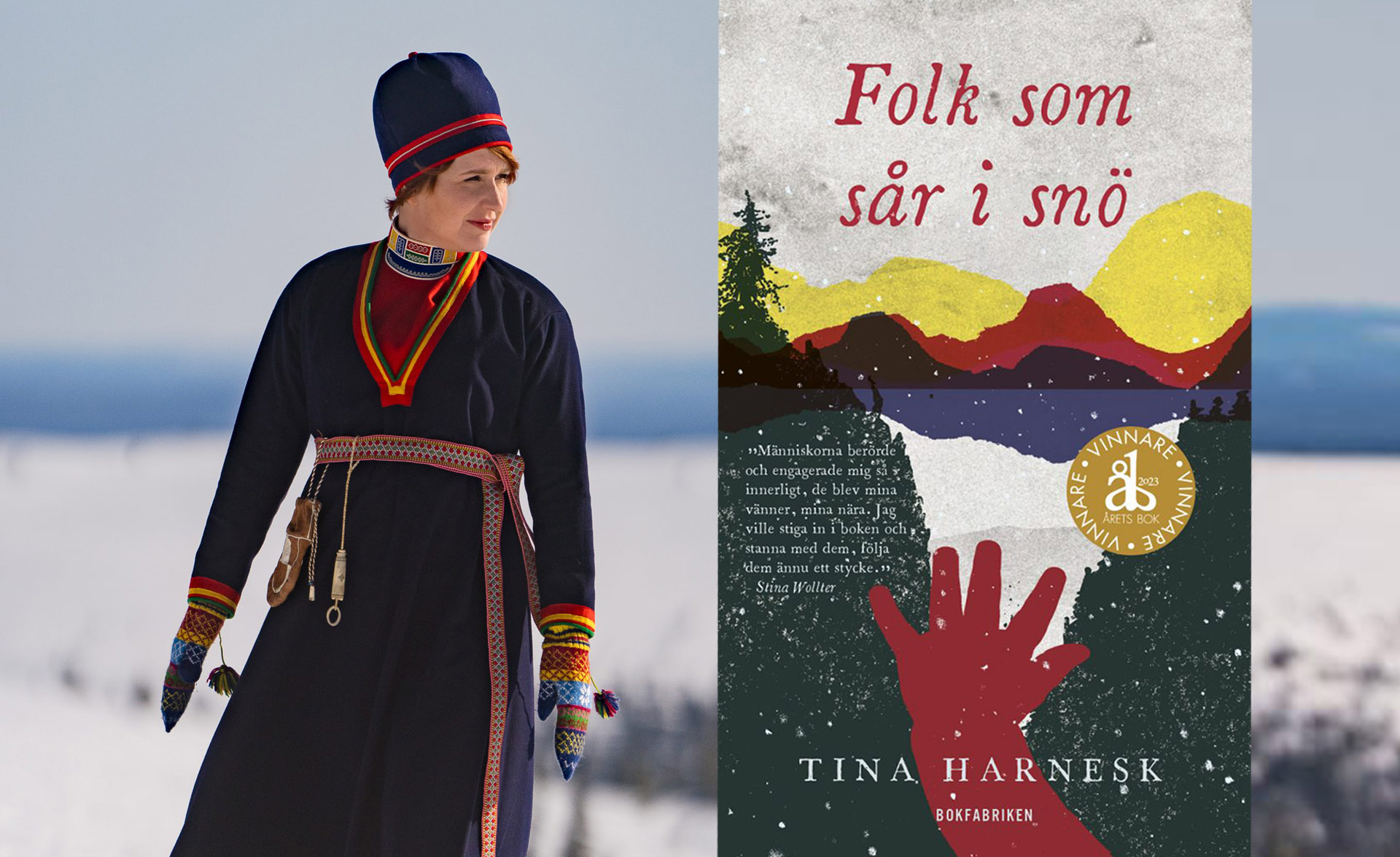 Kvinna med samisk dräkt utomhus i vinterlandskap och bokomslaget för "Folk som sår i snö".